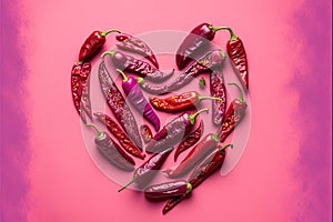 Red chili peppers in heart shape, for valentine\'s day on pink background.Top view. Generative AI