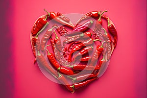 Red chili peppers in heart shape, for valentine\'s day on pink background.Top view. Generative AI