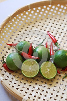 Red chili peppers and limes.