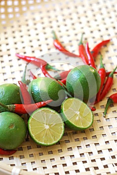 Red chili peppers and limes.
