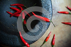 Red chili peppers in Mortar, Thai Kitchen Style