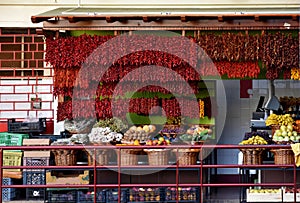 Red chili vegetables and fruits for sale