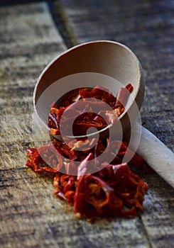 Red Chilli Flakes on a wooden spoon