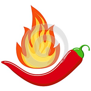 Red chilli pepper in hot burned fire flame icon isolated on white background