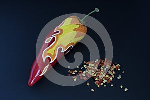 Red Chilli Pepper With Painted Fire On Black Craft Paper Background
