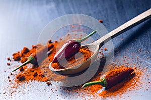 Red chilli peppers, spicy on a wooden spoon. Chilly on a wooden spoon. Vegetable. Concept of hot food.