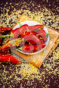 Red chilli pickle marinated in mustard seeds and mustard oil. Dark gothic style still life concept photo