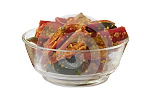 Red chilli pickle in transparent glass bowl photo