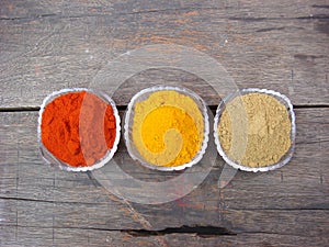 Red chilli, turmeric and coriander powder in bowl