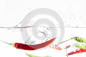 Red chilli, water splashes, solated on a white background