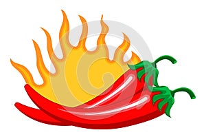 Red chilly peppers are burning as spicy sign. Cartoon vector isolated on the white background. Hot chillies in fire for