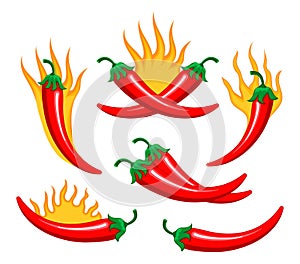 Red chilly peppers are burning as spicy sign. Cartoon vector isolated on the white background. Hot chillies in fire for