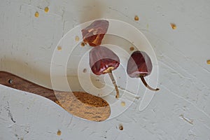 Red chilly power with Red round chillies on the abstract background