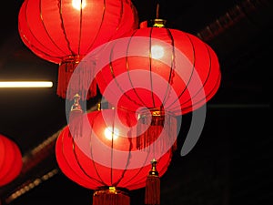 Red China lantern hanging on ceiling, Happy Chinese New Year