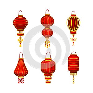 Red Chineese lanters set. Traditional Asian paper lanterns cartoon vector illustration