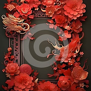 Red Chinese frame with a dragon and decorated flowers in the middle a blank field with space for your own content