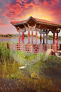 Red Chinese gazebo at sunrise