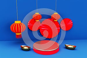 Red Chinese knot with tassel 3d illustration podium Asian festival element on white background