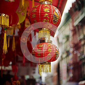 Red chinese lamp in Chinatown in New York city, USA