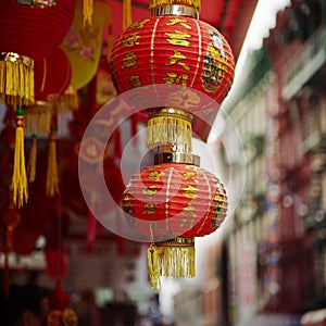 Red chinese lamp in Chinatown in New York city, USA photo