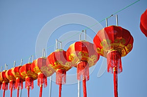 Red Chinese lantern against blue sky