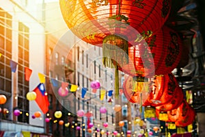 Red chinese lantern in Chinatown in New York city, USA. Festive decoration for Chinese New Year celebration