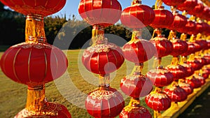 Red Chinese lantern hanging in a row during day time for Chinese new year