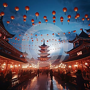 Red Chinese lanterns, around hundreds of people and temples. Chinese New Year celebrations