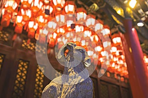 Red Chinese Lanterns at the Corridor, side by The Main Altar, Wong Tai Sin Temple HK 18 Sept 2021