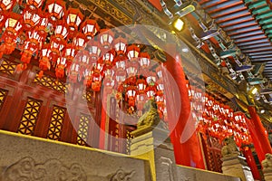 Red Chinese Lanterns at the Corridor, side by The Main Altar, Wong Tai Sin Temple HK 18 Sept 2021