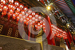 Red Chinese Lanterns at the Corridor, side by The Main Altar, Wong Tai Sin Temple HK 18 Sept 2021