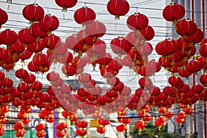 Red chinese lanterns hanging on the street