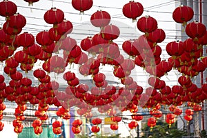 Red chinese lanterns hanging on the street