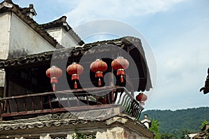 Red chinese lanterns in old village China