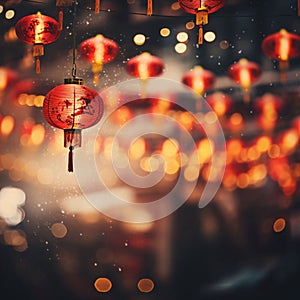 Red Chinese Lanterns on smudged background with bokech effect. Chinese New Year celebrations