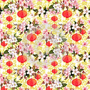 Red chinese lanterns in spring blossom - sakura flowers . Repeating pattern with golden asian ornament at background