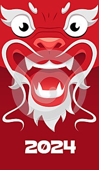 Red Chinese New Year Dragon Face. Vector Poster with Symbol of 2024 New Year.