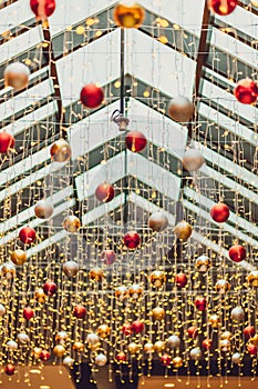 Chrismas balls in Vintage city night light bokeh and christmas light blurred background on chrismas day