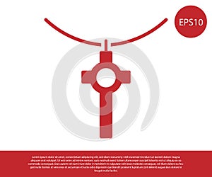 Red Christian cross on chain icon isolated on white background. Church cross. Vector Illustration