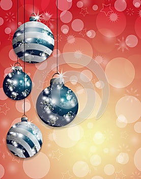 Red Christmas background bokeh with hung blue baubles. Vector