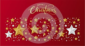 Red Christmas Background with Border made of Cutout Gold Foil Stars. Chic Christmas Greeting Card.