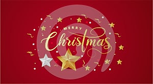 Red Christmas Background with Border made of Cutout Gold Foil Stars. Chic Christmas Greeting Card.