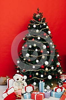 Red Christmas background Christmas tree decor interior postcard