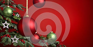 Red Christmas background, fir tree with hanging ornaments closeup