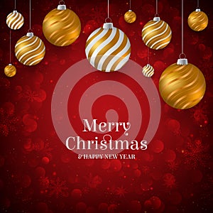 Red Christmas background with Gold and white Christmas baubles. Elegant Christmas background with gold and white evening balls