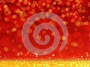 Red Christmas Background with Golden glitter or bokeh lights.