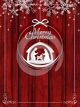 Red Christmas background with greeting text and Nativity scene on red wooden backdrop