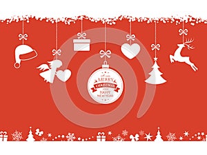 Red Christmas background with hanging ornaments and border