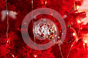 Red Christmas background with red and silver bouble ornaments