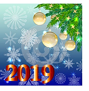 A red Christmas background with snowflakes, coniferous branches, decorated with balls, stars. The inscription 2019